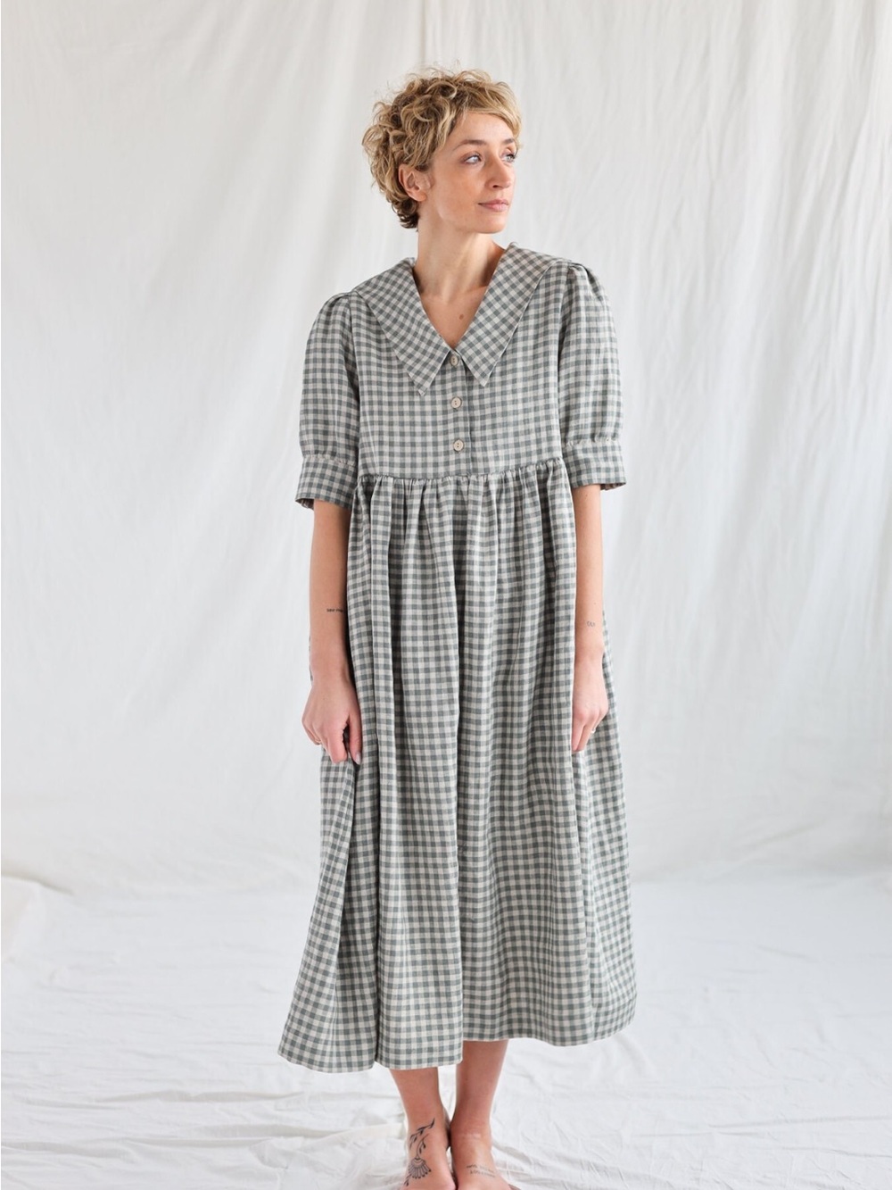 OFF/ON Gingham Dress with Peter Pan Collar - Blue & White Check Vintage style M